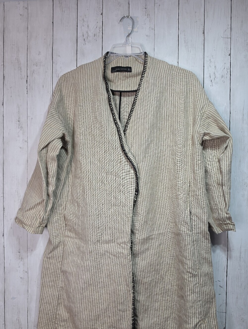 Zara Womens Beige Linen Striped Fringe Trim Hem Midi Duster Wrap Coat Size Large - Picture 8 of 15